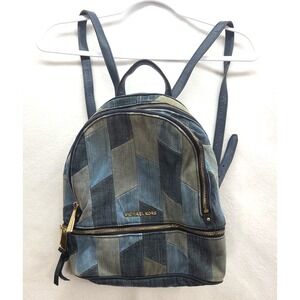Michael Kors Rhea Small Patchwork Denim Backpack Multi Blue w Gold Tone Hardware